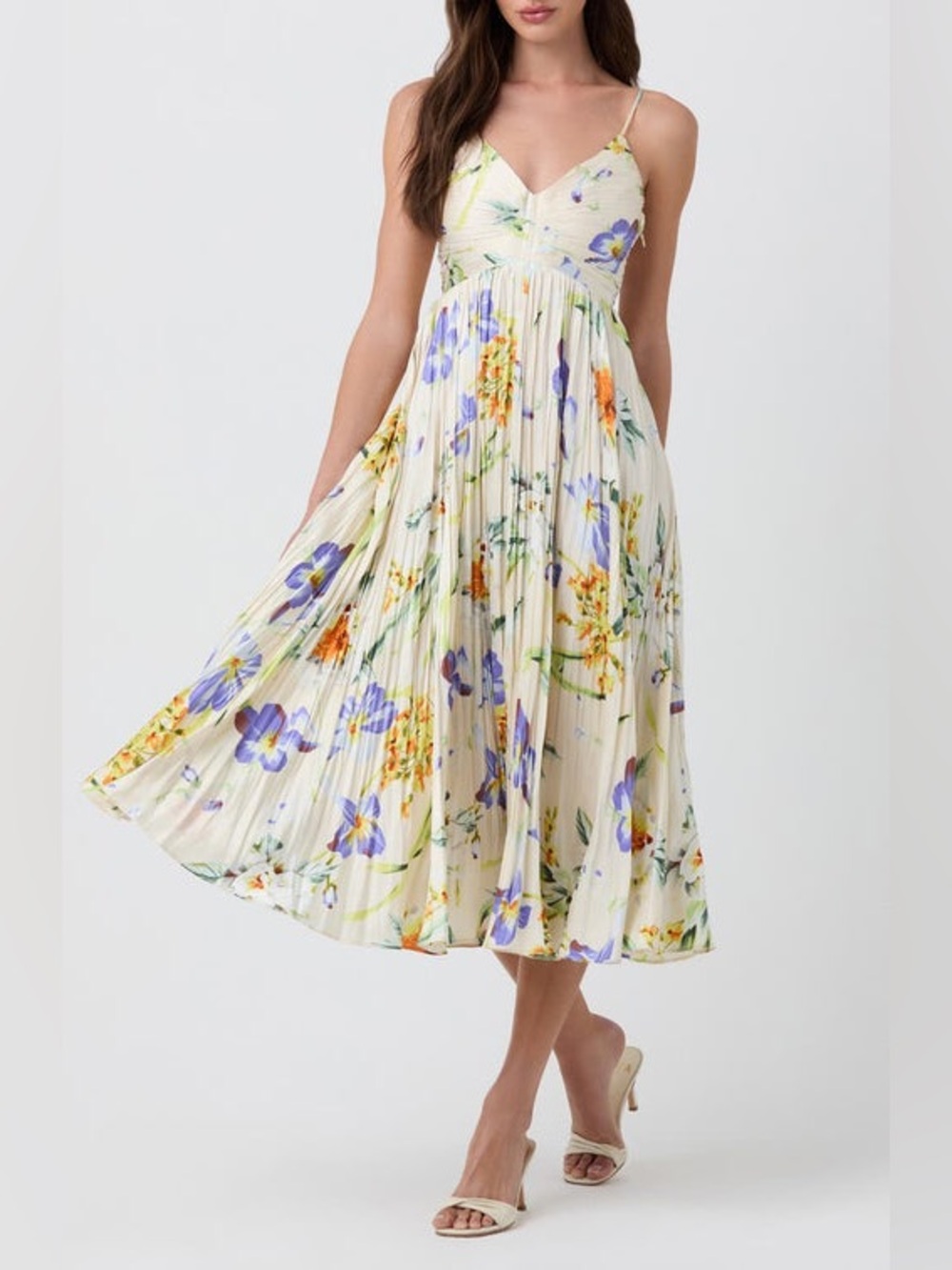 ASTR The Label Maeve Pleated Midi Dress Size Medium Blue Multi Floral
